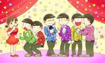  6+boys adjusting_clothes alternate_costume anger_vein bad_id bad_twitter_id black_hair bow bowl_cut bowtie brothers brown_eyes brown_hair curtains dress formal hairband hand_on_own_face hand_to_own_mouth heart heart_in_mouth low_twintails matching_outfit matsuno_choromatsu matsuno_ichimatsu matsuno_juushimatsu matsuno_karamatsu matsuno_osomatsu matsuno_todomatsu middle_finger multiple_boys osomatsu-kun osomatsu-san piyojin_(simegaku) sextuplets short_twintails siblings squatting star suit twintails yowai_totoko 