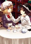  blonde_hair blue_eyes bookshelf bow brown_eyes brown_hair cake commentary_request creamer_(vessel) cup dress eating food food_on_face futoumeido hat hat_ribbon maribel_hearn multiple_girls ribbon short_hair sitting smile table teacup teapot touhou usami_renko window yuri 