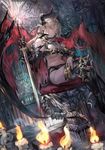  armor bikini_armor blonde_hair breasts candle cleavage horns land_of_caromag large_breasts looking_at_viewer original pointy_ears ran_(pixiv2957827) red_eyes sitting solo sword tail thighhighs throne underboob weapon wings 