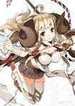  ahoge anila_(granblue_fantasy) bangs black_skirt blonde_hair blunt_bangs breasts brown_eyes cleavage draph elbow_gloves eyebrows eyebrows_visible_through_hair fur_trim gloves granblue_fantasy highres hikimayu holding holding_weapon horns knees_together_feet_apart large_breasts leaning_forward light_particles lips long_hair microskirt naginata naitou_ryuu navel pleated_skirt polearm sheep_horns short_eyebrows skirt smile solo tabi thick_eyebrows thighhighs twitter_username weapon white_gloves white_legwear zettai_ryouiki 