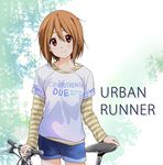  bicycle_seat brown_eyes brown_hair clothes_writing denim denim_shorts dresstrip english hirasawa_yui italian k-on! shirt short_hair shorts solo standing striped striped_shirt 