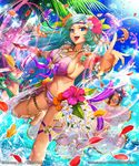  anklet barefoot beach bikini blue_hair breasts day fishnets flower genderswap genderswap_(mtf) hair_flower hair_ornament hairband hibiscus highres jewelry large_breasts long_hair multiple_girls ocean official_art original palm_tree plumeria sengoku_saga swimsuit tajima_yukie thighs tree water 