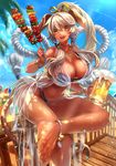  :p alcohol anklet armlet barefoot beach beer beer_mug bikini blonde_hair bracelet breasts cup dark_skin day feet food holding holding_cup huge_breasts jewelry long_hair looking_at_viewer miyano_akihiro navel necklace o-ring o-ring_bottom o-ring_top official_art original personification see-through shiny shiny_skin soles swimsuit tail toes tongue tongue_out very_long_hair yellow_eyes 