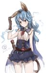  2015 animal_ears arm_behind_back belt blue_hair blue_skirt blush breasts brown_eyes brown_gloves bunny_ears cape covered_nipples cowboy_shot dated earrings erune ferry_(granblue_fantasy) gloves granblue_fantasy hand_on_ear hoop_earrings jewelry long_hair loose_belt masamuuu simple_background single_earring skirt sleeveless small_breasts solo white_background 