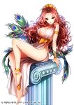  :o anklet armlet bare_legs barefoot column curly_hair dress fantasy greek_mythology green_eyes hera_(mythology) interitio jewelry long_hair no_panties official_art original peacock_feathers pillar red_hair sid_story sitting solo tiara wavy_hair 