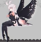  ahoge anne_(bravely_second) antenna_hair bad_id bad_pixiv_id black_footwear black_legwear blue_eyes boots bravely_default:_flying_fairy bravely_default_(series) bravely_second:_end_layer butterfly_wings chromatic_aberration crossed_legs elbow_gloves fairy gloves high_heel_boots high_heels leotard long_hair pointy_ears shine_(pixiv11273724) silver_hair sitting smile solo thigh_boots thighhighs very_long_hair wings 