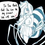  &lt;3 arachnid arthropod big_breasts blush breasts clothed clothing crown drider_princess female half-dressed happy j.k._(artist) monster monster_girl simple_background smile solo spider suggestive text towergirls 