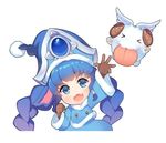  &gt;_&lt; blue_eyes blue_hair braid closed_eyes dakun fang gloves hat horns league_of_legends long_hair looking_at_viewer lulu_(league_of_legends) open_mouth poro poro_(league_of_legends) solo tongue twin_braids twintails white_background winter_wonder_lulu 