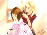  96neko_mtm anna_williams bad_id bad_pixiv_id bangs blonde_hair blue_eyes blush bob_cut brown_hair cutting_hair green_eyes light_smile long_hair multiple_girls nina_williams ponytail scissors short_hair siblings sisters smile sunlight tekken 