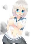  blue_eyes blush breasts contrapposto cowboy_shot hair_between_eyes hair_ornament hairclip hamakaze_(kantai_collection) ichijou_(kr_neru0) kantai_collection large_breasts looking_at_viewer navel open_mouth pantyhose school_uniform serafuku short_hair silver_hair skirt solo standing torn_clothes wavy_mouth 