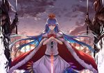  adapted_costume blue_hair cape cloud crown dark_souls eisuto glowing glowing_sword glowing_weapon highres hinanawi_tenshi knight long_hair looking_at_viewer pink_eyes shirt silver_knight_(dark_souls) skirt sky souls_(from_software) sunset sword_of_hisou touhou very_long_hair weapon wind 