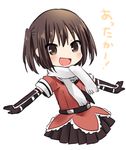  :d bangs brown_eyes brown_hair check_translation elbow_gloves gloves ica kantai_collection looking_at_viewer lowres open_mouth outstretched_arms scarf school_uniform sendai_(kantai_collection) serafuku short_hair simple_background skirt smile solo translation_request two_side_up white_background white_scarf 