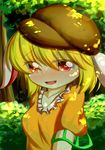  absurdres animal_ears blonde_hair blush bunny_ears dappled_sunlight dior-zi flat_cap floppy_ears forest full-face_blush hat highres looking_at_viewer nature open_mouth orange_shirt red_eyes ringo_(touhou) shirt short_hair short_sleeves solo sunlight touhou upper_body 
