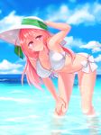  bent_over breasts cleavage hacka_doll hacka_doll_2 hand_on_headwear hand_on_own_knee hat highres kirise_(pixiv) large_breasts long_hair looking_at_viewer navel pink_eyes pink_hair smile solo sun_hat swimsuit wading 