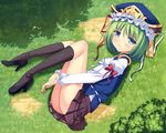  bad_id bad_pixiv_id blue_eyes blush from_above grass green_hair hat high_heels kneehighs leg_hug legs looking_at_viewer looking_up lying on_side outdoors shiki_eiki shirt shoes short_hair skirt smile solo tonchan touhou vest 
