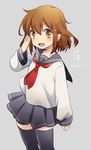  absurdres anchor_symbol brown_eyes brown_hair commentary_request fang hair_ornament hairclip highres ikazuchi_(kantai_collection) kantai_collection lightning_bolt looking_at_viewer motohara_moka neckerchief open_mouth red_neckwear salute school_uniform serafuku short_hair skirt smile solo thighhighs twitter_username 