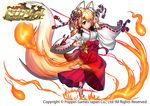  animal_ears anklet barefoot blonde_hair feet fire fox_ears fox_tail hair_ornament hakama japanese_clothes jewelry miko official_art original red_hakama tail tanukimaso tiptoes 