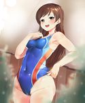  breasts brown_eyes brown_hair competition_swimsuit idolmaster idolmaster_cinderella_girls idolmaster_cinderella_girls_starlight_stage long_hair medium_breasts nitta_minami one-piece_swimsuit shovelwell smile solo swimsuit 