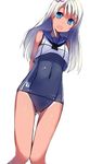  :o arms_behind_back ass_visible_through_thighs blue_eyes covered_navel flower gin00 hair_flower hair_ornament kantai_collection long_hair one-piece_swimsuit open_mouth ro-500_(kantai_collection) school_swimsuit smile solo swimsuit tan tanline thigh_gap white_hair 