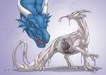  2015 blue_scales brown_eyes dialogue dragon duo edit feral forked_tongue goo gradient_background horn liar lie male necrodrone nude purple_background red_eyes scales scalie simple_background slime teeth text tongue tongue_out translucent vore white_body 