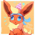  artist_name blue_eyes blue_sclera border commentary english flareon happy_birthday headband no_humans orange_background paw_pose pointy_hat pokemon pokemon_(creature) purpleninfy simple_background star white_border 