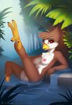  2015 anthro antiander areola avian avian_(starbound) bathing beak breasts chest_tuft female fur hi_res leaves looking_at_viewer nipples nude oasis outside pussy raised_leg ruby_rustfeather solo starbound talons tuft video_games water wet 
