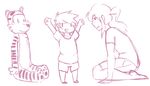  calvin_and_hobbes clothed clothing cute feline female fur hair happy human kneeling male mammal monochrome open_mouth ponytail shorts simple_background smile source_request standing stripes tiger unknown_artist white_background 