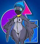  2015 anthro areola avian beak bird breasts feathered_wings feathers female fionthebunny hair hi_res navel nipples nude piercing pussy simple_background teal_eyes wide_hips wings 