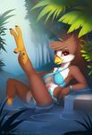  2015 anthro antiander armband avian avian_(starbound) bathing beak bikini breasts chest_tuft clothing female fur hi_res leaves looking_at_viewer oasis outside raised_leg ruby_rustfeather solo starbound swimsuit talons tuft video_games water wet 