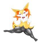  &lt;3 &lt;3_eyes 2015 anthro black_fur blush braixen breasts canine chest_tuft clitoris clothing collar condom condom_in_mouth female front_view frown fur inner_ear_fluff looking_at_viewer mammal multicolored_fur nintendo orange_fur pok&eacute;mon pussy red_eyes simple_background sitting skirt skirt_lift small_breasts solo spread_legs spreading tetran thick_thighs tuft video_games white_background yellow_fur 
