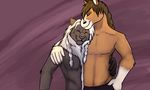  anthro black_fur blancmark body_hair braided_hair brown_fur brown_hair clothed clothing duo equine eyes_closed feline friends fur hair hairy half-dressed happy happy_trail horse hug lion long_hair love male mammal markings silver_hair smile socks_(marking) standing takaa topless yosha 