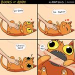  &lt;3 2015 adam_ellis animated belly_rub bite blood cat comic cute dialogue disembodied_hand duo english_text eyes_closed feline feral fur happy human humor life lying mammal on_back orange_fur petting scratch_marks sharp_teeth teeth text the_truth wide_eyed yellow_sclera 