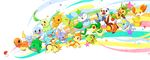  abstract_background ambiguous_gender black_eyes blue_eyes blue_skin brown_eyes bulbasaur charmander chespin chikorita chimchar cyndaquil eyes_closed fennekin fire froakie fur green_skin haripo_(artist) mudkip nintendo open_mouth orange_fur orange_skin oshawott piplup pok&eacute;mon red_eyes snivy squirtle teeth tepic tongue torchic totodile treecko turtwig video_games 