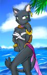  breasts cat dark_fur ebony ebony_the_cat fangs feline fur green_eyes lasso_(artist) mammal piercing pink_nose sea sonic_(series) sonic_the_comic water wave 