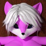  angry_cat blue_eyes breasts canine female fur hair mammal pink_fur smile solo white_hair wolf yuni_hermit 