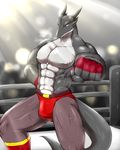  2015 abs action_pose anthro biceps big_muscles bulge clothed clothing dragon fighting_ring fingerless_gloves gloves green_eyes grey_scales half-dressed horn koku looking_at_viewer male multicolored_scales muscular nipples pecs ryuukikeito scales scalie slit_pupils solo standing sweat topless two_tone_scales white_scales white_sclera 