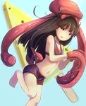  alternate_costume animal animal_on_head bangs barefoot bikini black_hair blue_background blunt_bangs blush breasts cleavage food gloves hatsuyuki_(kantai_collection) kantai_collection leg_up long_hair looking_at_viewer minarai_shachou navel octopus on_head popsicle small_breasts solo sweat swimsuit tentacles watermelon_bar yellow_eyes 