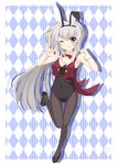  animal_ears bow bowtie bunny_ears bunnysuit detached_collar dracu-riot! elena_olegovna_owen long_hair one_eye_closed pantyhose red_eyes silver_hair solo vest win_opz wrist_cuffs 