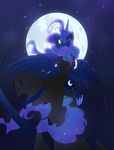  2015 absurd_res blue_fur cloak clothing cutie_mark equestria-prevails equine feathered_wings feathers female feral friendship_is_magic full_moon fur hair hi_res horn long_hair looking_back mammal moon my_little_pony outside princess_luna_(mlp) sitting solo winged_unicorn wings 