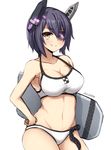  bikini don_(29219) eyepatch hand_on_hip headgear kantai_collection kickboard navel necktie purple_hair short_hair smile solo swimsuit tenryuu_(kantai_collection) white_bikini yellow_eyes 