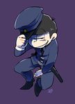  adjusting_clothes adjusting_hat alternate_costume coyoichi from_above grin hat highres male_focus matsuno_ichimatsu osomatsu-kun osomatsu-san police police_uniform purple_background simple_background smile solo squatting uniform 