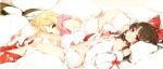  2girls arm_ribbon ass bangs bare_shoulders black_hair black_hat blonde_hair bloomers bloomers_pull blush bow breasts brown_eyes collarbone detached_sleeves eyebrows_visible_through_hair feet_out_of_frame floral_print frilled_bow frills gloves hair_bow hair_tubes hakurei_reimu hands_on_own_chest hat hat_bow hat_removed headwear_removed hidden_star_in_four_seasons ke-ta kirisame_marisa long_sleeves looking_at_viewer lying multiple_girls navel nipples off_shoulder on_back on_stomach parted_lips pillow pink_gloves pink_scarf red_bow red_ribbon red_skirt ribbon ribbon-trimmed_sleeves ribbon_trim scan scarf shirt sidelocks single_glove skirt skirt_removed small_breasts smile snowflake_print stitched stomach thighs third-party_edit topless touhou underwear white_bloomers white_bow white_shirt wide_sleeves witch_hat 