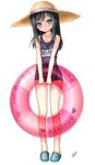  asashio_(kantai_collection) bare_shoulders black_hair blue_eyes blush crocs gotou_hisashi hat head_tilt highres holding innertube kantai_collection long_hair looking_at_viewer one-piece_swimsuit open_mouth school_swimsuit signature solo straw_hat swimsuit 