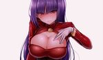  blush breasts cleavage cleavage_cutout gloves hizuki_akira large_breasts long_hair looking_at_viewer natsume_(pokemon) pokemon pokemon_(game) purple_hair red_eyes simple_background smile solo white_gloves 