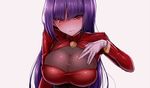  blush breasts cleavage cleavage_cutout gloves hizuki_akira large_breasts long_hair looking_at_viewer natsume_(pokemon) pokemon pokemon_(game) purple_hair red_eyes see-through simple_background smile solo white_gloves 