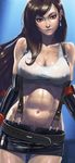  1girl abs bare_shoulders belt black_hair breasts brown_hair cleavage cowboy_shot crop_top dreams_addiction dreamsaddiction elbow_gloves erect_nipples female final_fantasy final_fantasy_vii gloves gluteal_fold highres large_breasts long_hair looking_at_viewer midriff miniskirt navel parted_lips pencil_skirt red_eyes see-through skirt smile solo stomach suspenders sweat tank_top tifa_lockhart wet_clothes 