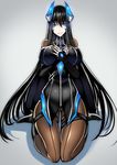  black_hair blue_eyes breasts commentary_request glowing glowing_eyes hair_ornament hands_on_own_chest headgear high_heels highres kneeling large_breasts long_hair looking_at_viewer mugenshiki original pantyhose seiza sitting smile solo very_long_hair 