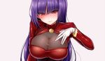  blush breasts cleavage cleavage_cutout gloves hizuki_akira large_breasts long_hair looking_at_viewer natsume_(pokemon) pokemon pokemon_(game) purple_hair red_eyes see-through simple_background smile solo white_gloves 