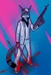  abstract_background anthro assault_rifle blood blue_eyes digitigrade feline gun hair hotline_miami looking_at_viewer lynx machete male mammal neon_colors ranged_weapon rifle solo standing stylized suit weapon white_hair wolfmagnum 