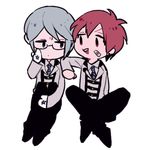  adjusting_eyewear arsmagna bad_id bad_pixiv_id bandaid bandaid_on_face blue_eyes chibi glasses gloves indian_style izumi_sou jitome kano_akira_(arsmagna) male_focus multiple_boys red_eyes red_hair school_uniform sennin_(inoinox) silver_hair sitting white_gloves 